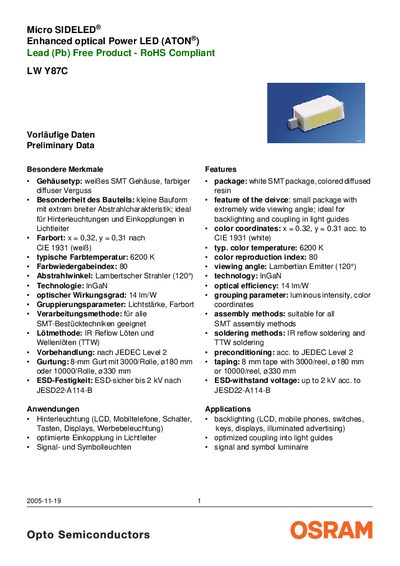 OSRAM LW Y87C LED Datasheet - cover page