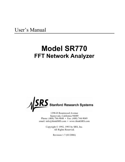 SRS SR770 FFT Network Analyzer User Manual cover
