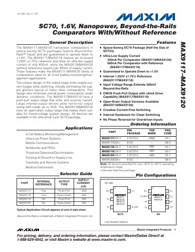 Maxim MAX9117‑MAX9120 Nanopower Comparators Data Sheet - cover page