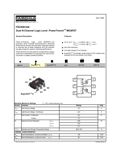 Fairchild Semiconductor FDC6561AN Dual N-Channel Logic Level PowerTrench MOSFET Datasheet - cover page