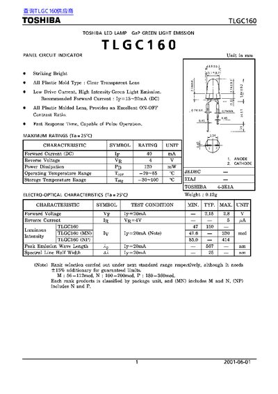 Toshiba TLGC160 LED Lamp Datasheet - cover page