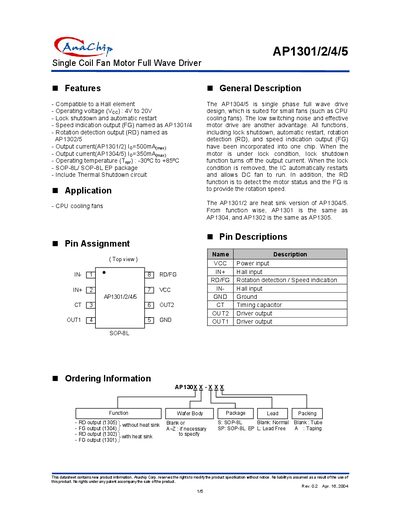 Anachip AP1301/2/4/5 Single Coil Fan Motor Full Wave Driver Datasheet - cover page