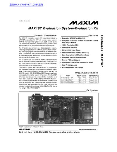 Maxim Integrated Products MAX187 Evaluation System User Guide - cover page