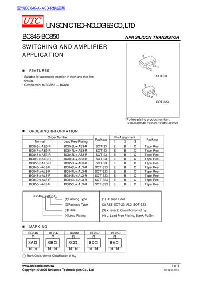 Unisonic Technologies BC846-BC850 NPN Silicon Transistor Datasheet - cover page
