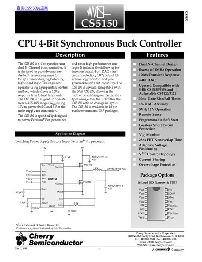 Cherry Semiconductor CS5150 4‑Bit Synchronous Buck Controller Datasheet - cover page