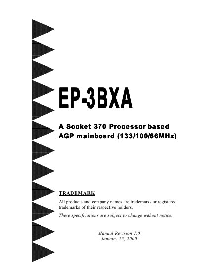EP-3BXA Socket 370 Processor based AGP mainboard (133/100/66MHz) USER MANUAL  - cover page
