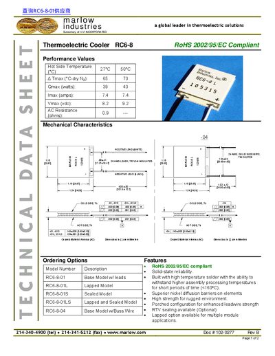 Marlow Industries RC6-8 Thermoelectric Cooler Product Data Sheet - cover page