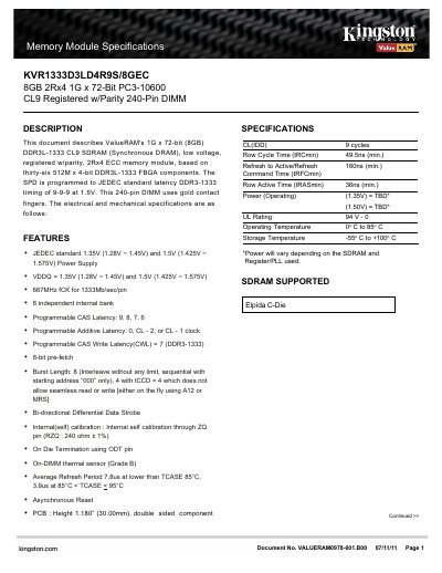 ValueRAM KVR1333D3LD4R9S/8GEC DDR3L Registered Memory Module Datasheet - cover page