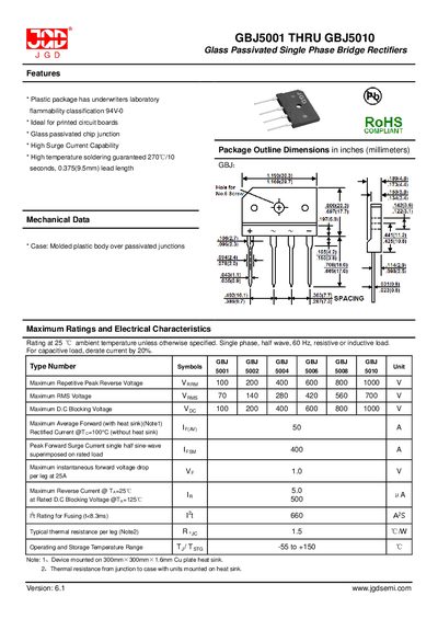 JGD GBJ5001‑GBJ5010 Glass Passivated Single Phase Bridge Rectifiers Datasheet - cover page