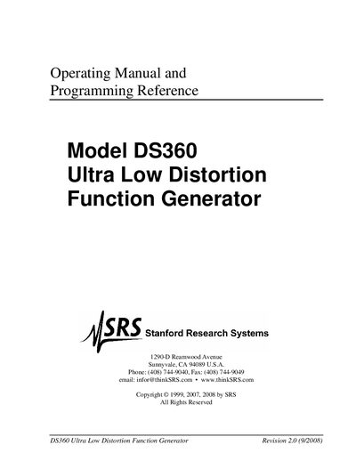 Stanford Research Systems DS360 Ultra Low Distortion Function Generator Operating Manual cover