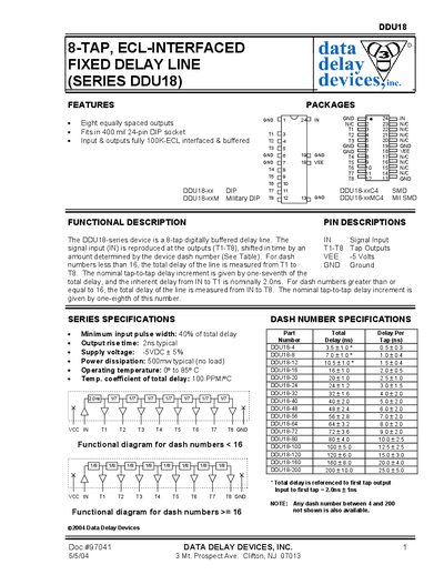 Data Delay Devices DDU18 8‑Tap ECL‑Interfaced Fixed Delay Line Datasheet - cover page