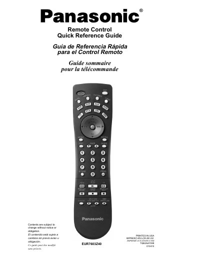 Panasonic EUR7603Z40 Remote Control Quick Reference Guide - cover page