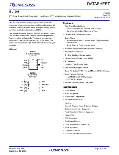 Intersil ISL1208 I2C Real Time Clock/Calendar Datasheet - cover page