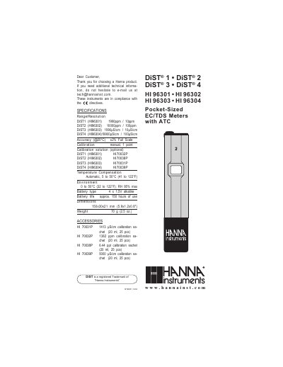 DiST 1 DiST 2 DiST 3 DiST 4 HI 96301 HI 96302 HI 96303 HI 96304 Pocket-Sized EC/TDS Meters Instruction Manual - cover page
