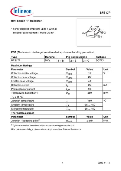 Infineon BFS17P NPN Silicon RF Transistor Datasheet - cover page