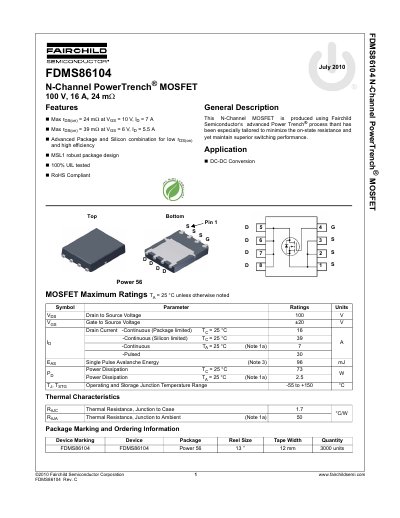 Fairchild Semiconductor FDMS86104 N-Channel PowerTrench MOSFET Datasheet - cover page