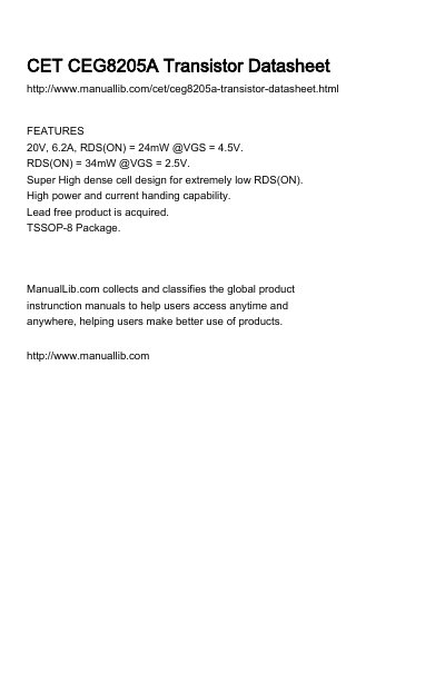 CET CEG8205A Dual N-Channel Enhancement Mode Field Effect Transistor Datasheet - cover page