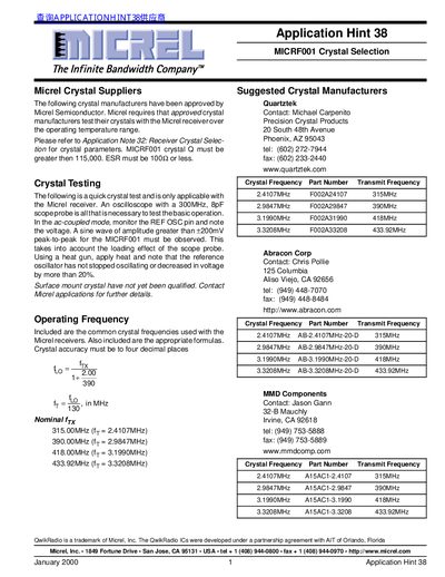 Micrel MICRF001 Application Note - cover page