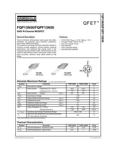 Fairchild Semiconductor FQP13N50/FQPF13N50 500V N-Channel MOSFET Datasheet