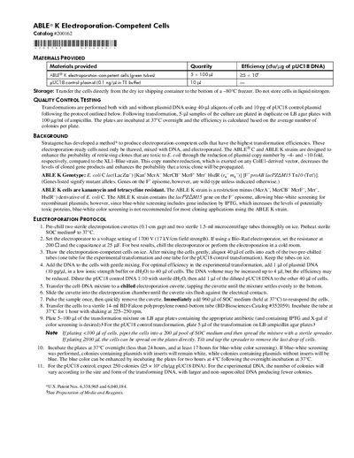 Stratagene ABLE K Electroporation-Competent Cells Product Information Sheet - cover page