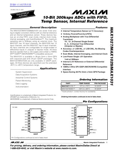 MAXIM MAX1027/MAX1029/MAX1031 10-Bit 300ksps ADCs with FIFO Temp Sensor Internal Reference datasheet - cover page