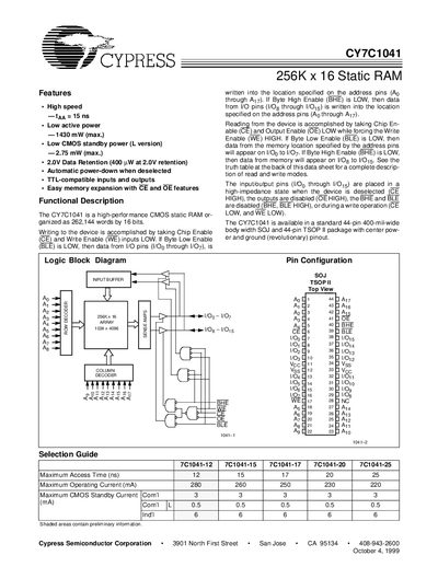 Cypress CY7C1041 256K x 16 Static RAM Datasheet - cover page