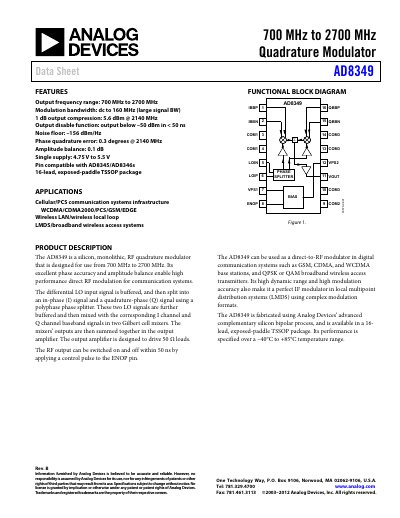 Analog Devices AD8349 Quadrature Modulator Datasheet - cover page