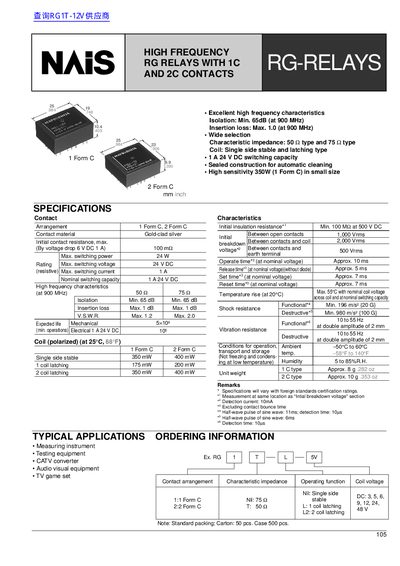 Matsushita Electric Works RG-1/RG2 High Frequency Relays Datasheet - cover page