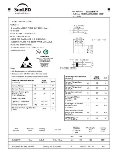 SunLED ZM2BB87W Right Angle SMD Chip LED Lamp Preliminary Spec - cover page