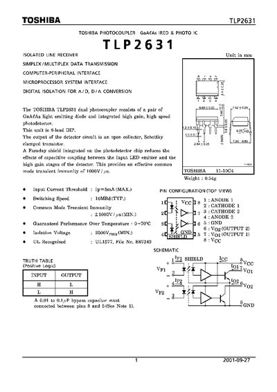 Toshiba TLP2631 Photocoupler Datasheet - cover page