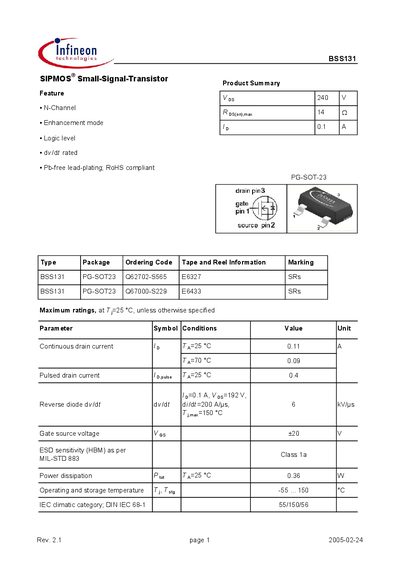 Infineon BSS131 Datasheet - cover page