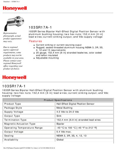 Honeywell 103SR17A-1 Bipolar Hall-Effect Digital Position Sensor Datasheet - cover page
