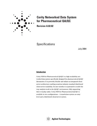 Agilent Cerity Networked Data System for Pharmaceutical QA/QC - Rev. A.02.02 - July 2004 Manual - cover page