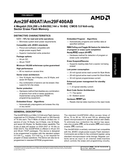 AMD Am29F400AT/Am29F400AB Flash Memory Datasheet - cover page