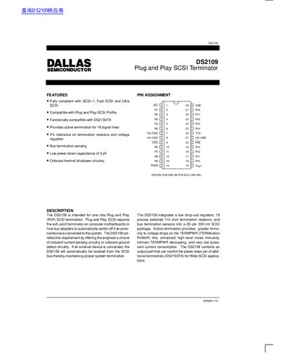 Dallas Semiconductor DS2109 Plug and Play SCSI Terminator Datasheet - cover page