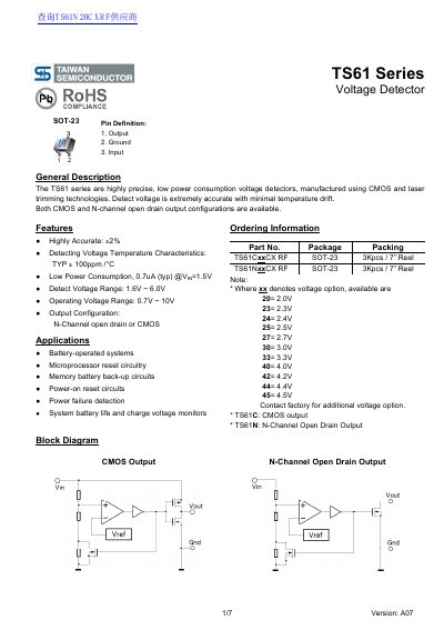 Taiwan Semiconductor TS61 Series Voltage Detector Datasheet - cover page