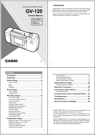 Casio QV-120 Liquid Crystal Digital Camera Owner's Manual - cover page