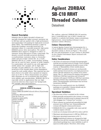 Agilent ZORBAX SB-C18 RRHT Threaded Column Datasheet