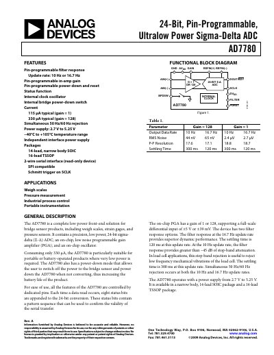 Analog Devices AD7780 24‑Bit Pin‑Programmable Ultralow Power Sigma‑Delta ADC Datasheet - cover page