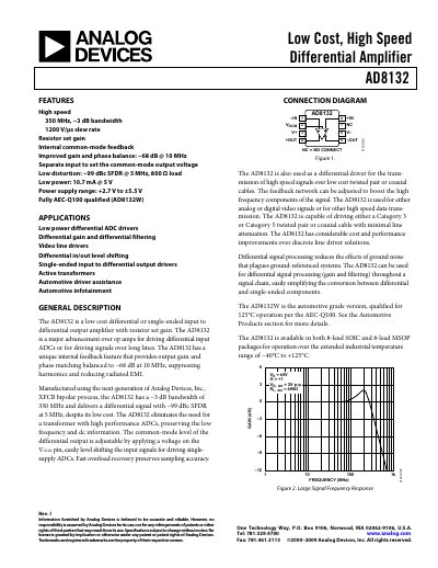 Analog Devices AD8132 Differential Amplifier Datasheet Rev. I - cover page