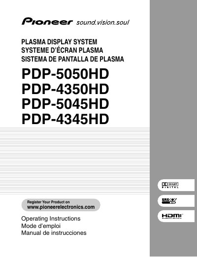 pioneer PDP-5050HD PDP-4350HD PDP-5045HD PDP-4345HD User Manual - cover page