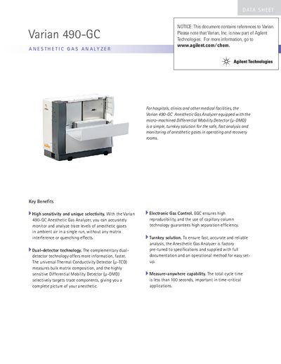 Varian 490-GC Anesthetic Gas Analyzer Product Leaflet - cover page