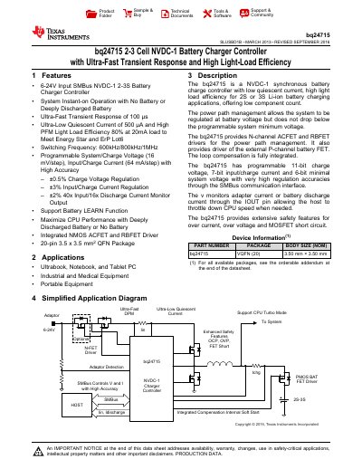 Texas Instruments bq24715 Battery Charger Controller Datasheet - cover page