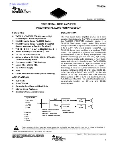 Texas Instruments TAS5010 Digital Audio PWM Processor Datasheet