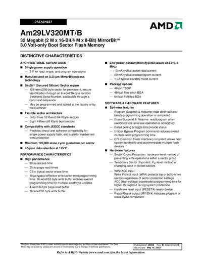 AMD Am29LV320MT/B 32 Megabit (2 M x 16-Bit/4 M x 8-Bit) MirrorBit 3.0 Volt-only Boot Sector Flash Memory Manual - cover page