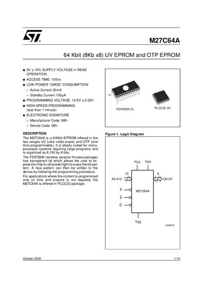 STMICROELECTRONICS M27C64A 64 Kbit (8Kb x8) UV EPROM OTP EPROM handbook - cover page