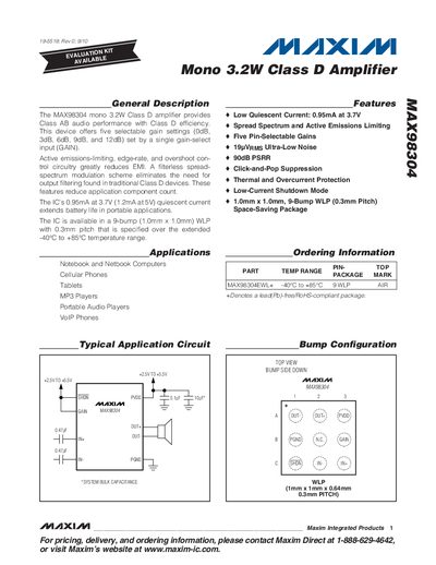 Maxim MAX98304 Class D Amplifier Datasheet - cover page