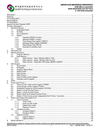 SyncMOS SM59R16G6/SM59R09G6/SM59R05G6 8‑Bit Microcontroller Datasheet - cover page