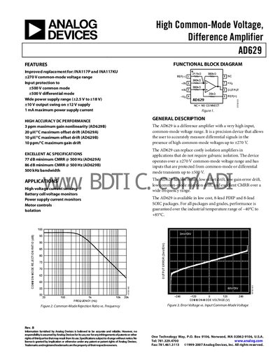 Analog Devices AD629 Difference Amplifier Datasheet - cover page