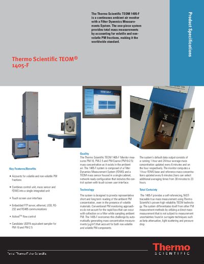 Thermo Scientific TEOM 1405-F Ambient Particulate Monitor Specification Sheet - cover page